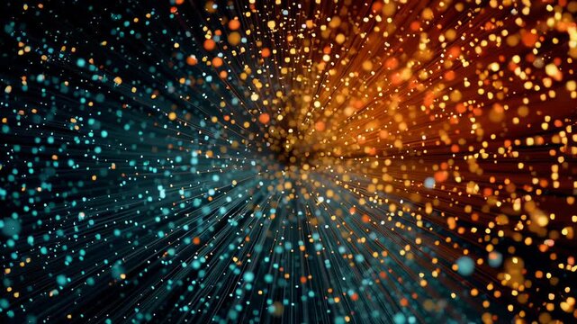 Energy visualization with colorful waves concept. Abstract colorful particle explosion with dynamic light streaks and vibrant glowing dots in motion