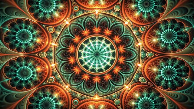 Energy visualization with colorful waves concept. Colorful abstract fractal art with intricate glowing mandala patterns and vibrant symmetrical design