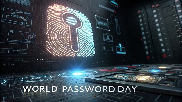 World Password Day concept with digital fingerprint authentication, biometric security interface, cybersecurity technology, data protection and futuristic secure access system design.