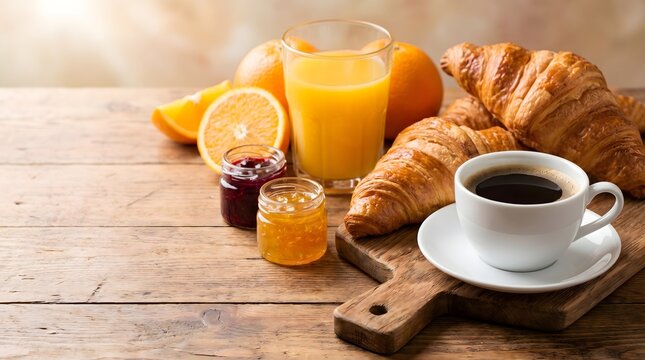 Menu Sarapan Pagi dengan Croissant Segar Jus Jeruk dan Kopi