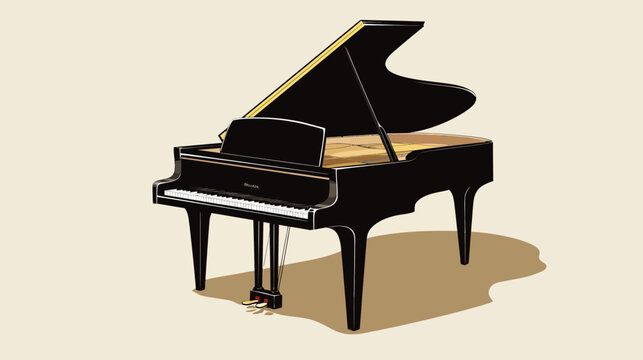 A grand piano rendered in a vector-art style, with a glossy black finish and beige background