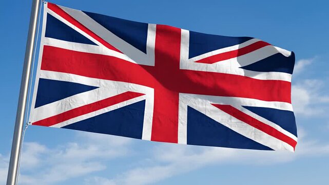 Union Jack Flag Waving Proudly Against a Clear Blue Sky.
