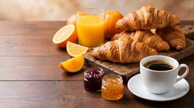 Set Sarapan Eropa dengan Roti Croissant Kopi Hangat dan Buah Jeruk