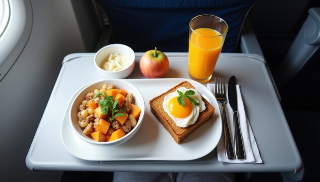 Bandeja de avi&oacute;n con comida sana y equilibrada, zumo de naranja y cubiertos cuidadosamente dispuestos