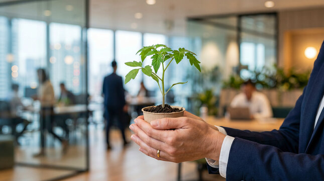 Manos sosteniendo planta verde con fondo desenfocado corporativo, iluminaci&oacute;n suave, estilo limpio, enfoque conceptual, copy space.