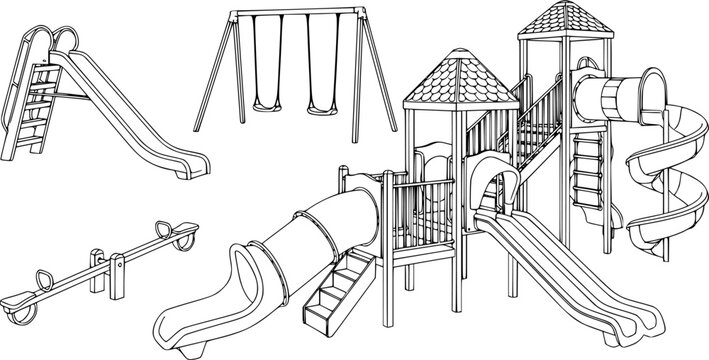 Playground equipment silhouette, slide, swing, seesaw, tube slide, spiral slide, park structure, recreation, cad drawing flat vector illustration
