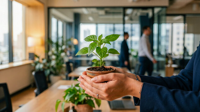 Manos sosteniendo planta verde con fondo desenfocado corporativo, iluminaci&oacute;n suave, estilo limpio, enfoque conceptual, copy space.