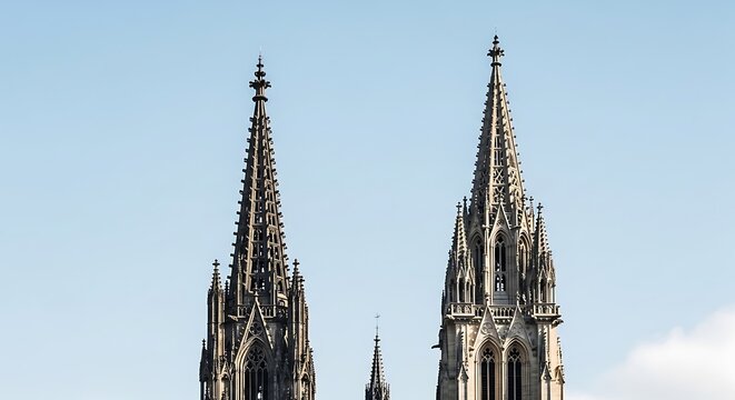 Gothic spires of the regensburg cathedral against a clear blue sky