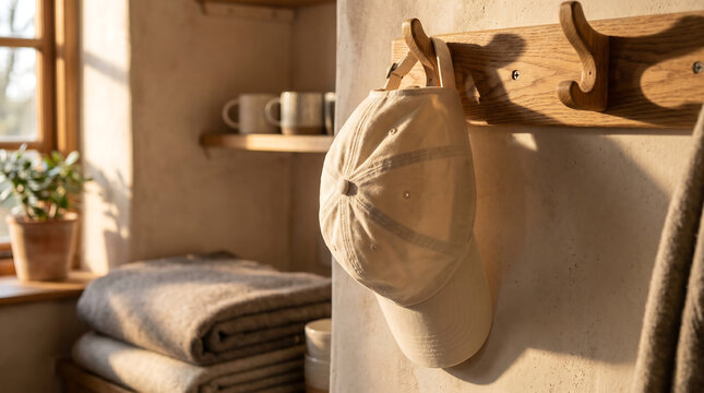 A casual cap hangs on a wooden coat rack in a cozy room.