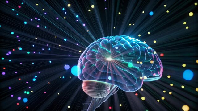 Energy visualization with colorful waves concept. Colorful futuristic brain with glowing neural connections and digital data visualization
