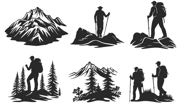 Black and white illustrations of mountains and hikers in nature. Scenes of outdoor adventures