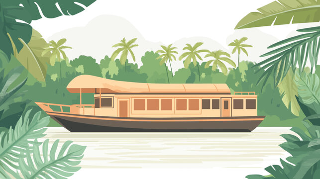 A picturesque vector illustration of a houseboat gliding on a river surrounded by lush tropical vegetation