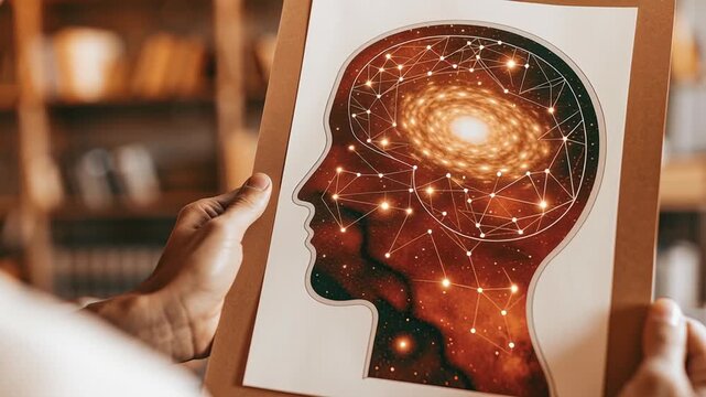 Energy visualization with colorful waves concept. Creative concept of human mind with galaxy and network connections symbolizing intelligence and cosmic thinking