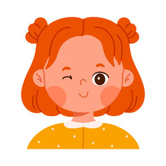 Fototapeta premium Cute happy redhead boy character winking. Facial expression. Friendly child avatar with positive emotion. Kid apps and emotion education concept. Isolated vector illustration in cartoon style