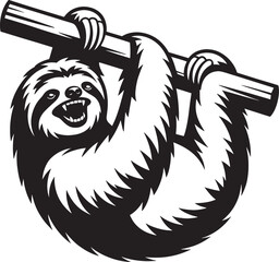 Fototapeta premium Black silhouette of a happy sloth hanging from a branch, grinning widely, funny mammal on transparent background.