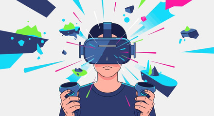 Person wearing VR headset, immersed in virtual reality with controllers © jas