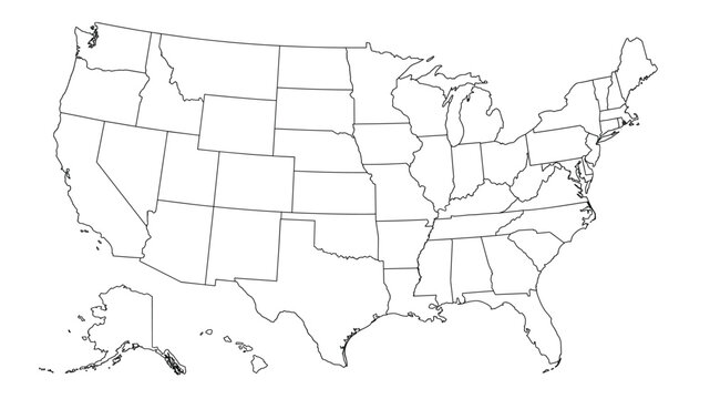 Blank Outline Map of the United States of America with All States and Borders &mdash; Minimalist Line Art Vector for Education, Infographic and Business Presentation Isolated on White