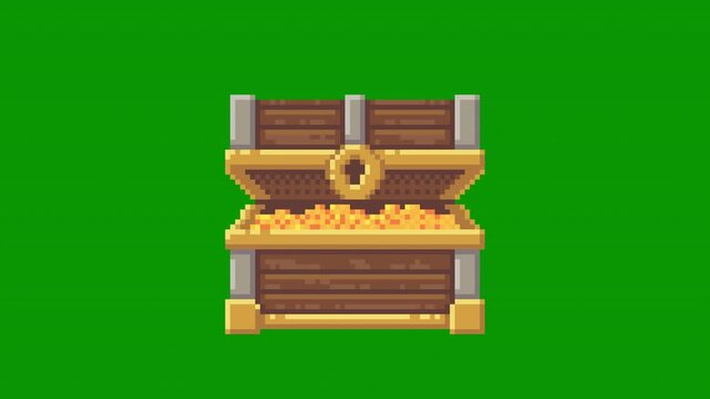 Pixel art animation of treasure chest opening with gold coins inside. Game element for loot rewards, achievements and fantasy interface usage.