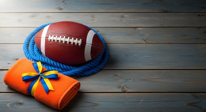 American football with gift and scarf on wooden background sports and celebration