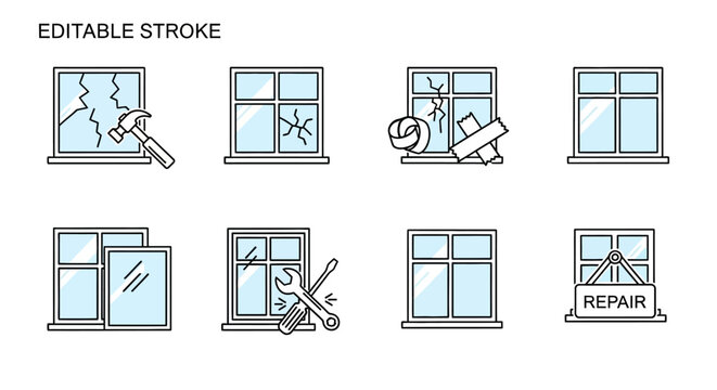 Editable stroke window repair icons set.