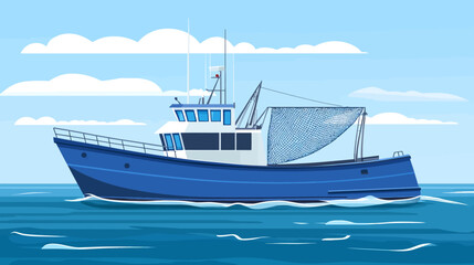 Naklejka premium Pixelated illustration of a blue fishing boat at sea, under a cloudy sky
