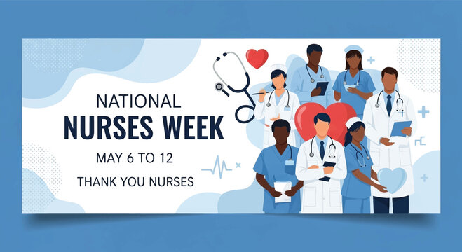National Nurses Week banner, medical staff illustration, healthcare celebration, thank you nurses