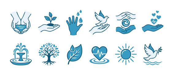 Fototapeta premium Ecology and Sustainability Icon Set, Blue Vector Symbols for Environmental Protection, Nature Conservation, Health, Peace, and Wellness Concepts, Flat Illustration Design Elements for Modern Web Inter