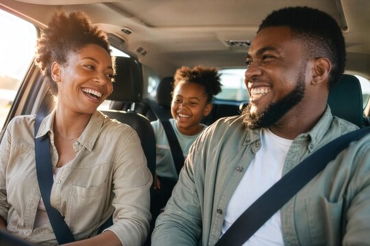 Radiant family journey, sunlit smiles lighting up a heartwarming car ride