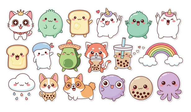 Cute anime sticker pack with funny cartoon characters and animals on pink background kawaii vector set
