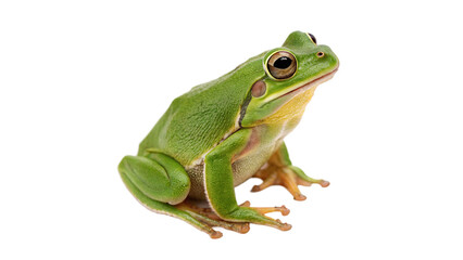 Fototapeta premium Green tree frog sitting on a plain background during the day looking in a specific direction isolated on transparent background cut out
