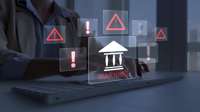 Online banking scam  with laptop and warning notifications. Cybersecurity, account protection and risks of phishing attacks, data breaches and digital fraud.