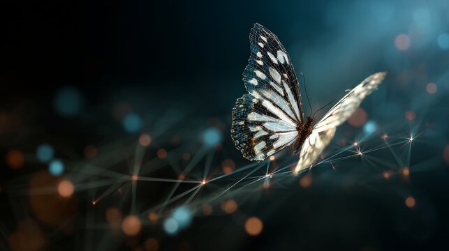 Monarch butterfly perched on glowing network node representing business development after transformation and digital growth.