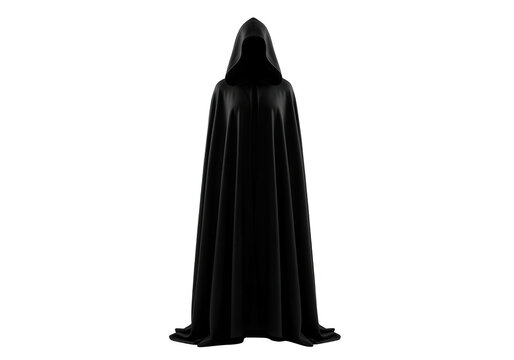 Mysterious dark hooded cloak with deep shadowed face standing tall isolated on transparent background
