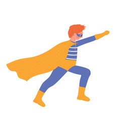 Fototapeta premium Little kid superhero with power. Children carnival clothes with cape and mask cartoon vector illustration