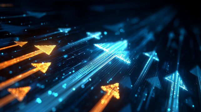 Abstract digital arrows representing workflow optimization and digitization, data flow acceleration and process automation in a technology context.