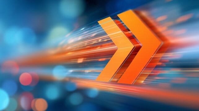 Orange arrow in motion symbolizing business transformation and growth, speed, innovation, and strategic direction, main object, arrow, concept, forward motion and acceleration.