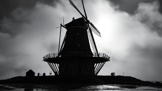 Dramatic black and white silhouette of a traditional Dutch windmill against a cloudy sky with the sun shining behind it