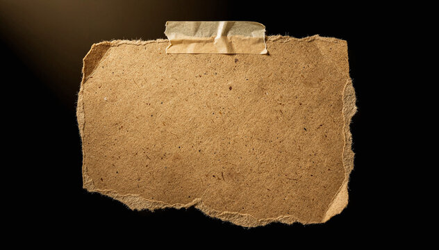 Blank weathered brown textured paper with torn edges, securely affixed by aged adhesive tape against a dark, dramatic background with subtle light