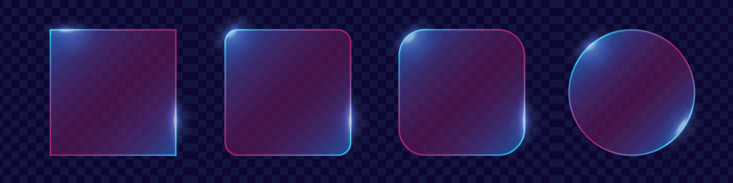 Set of four glass morphism UI elements with frosted glass effect and glowing edges. Includes square, rounded, and circle shapes on a dark checkered background for modern web design