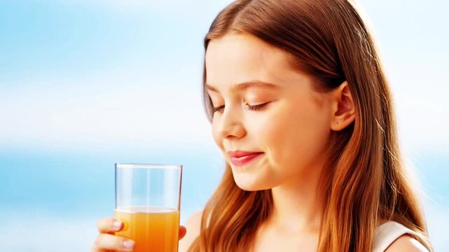 Young Girl Drinking Fresh Orange Juice Outdoors