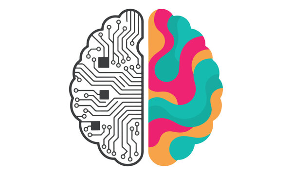Human brain illustration with circuit board and creative halves