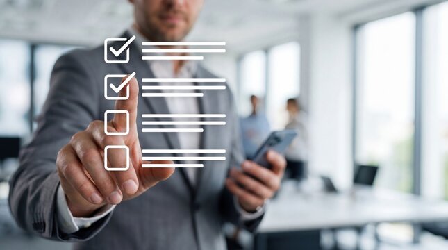 Businessman selecting digital checklist on touchscreen in modern office environment successful project management and task completion concept