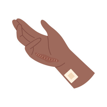 Injured hand with stitches. First medical aid for body wound cartoon vector illustration