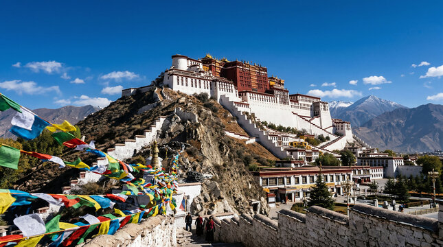 Potala Palace, Majestic cinematic wide shot of the Potala Palace perched on the Red Mountain in Lhasa, Tibet. Massive white and red stone walls contrasting with a deep, crisp blue Himalayan sky.