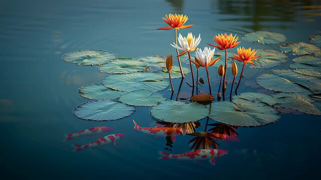 Colorful koi fish swimming beneath vibrant orange and white water lilies on serene pond with green lily pads