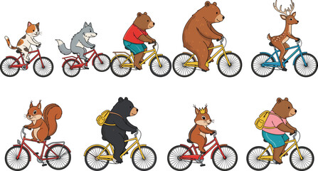 Obraz premium Vector illustration set of cute cartoon forest animals like bears deer squirrels and cats riding bicycles for children outdoor activity and healthy lifestyle design