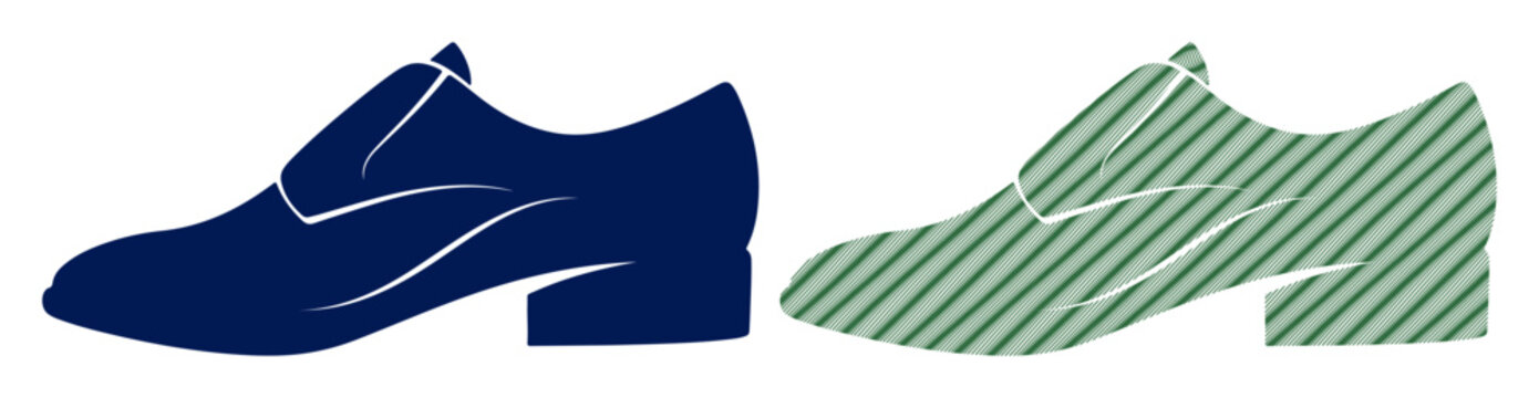 Two stylish dress shoes, one solid navy and one patterned green, displayed side-by-side.