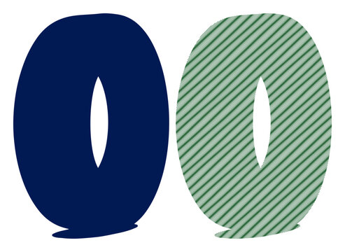 Minimalist navy blue and green striped number zero set, bold graphic double zero digits for anniversary countdown or sports scoreboard, flat vector style typography elements, decorative number 00