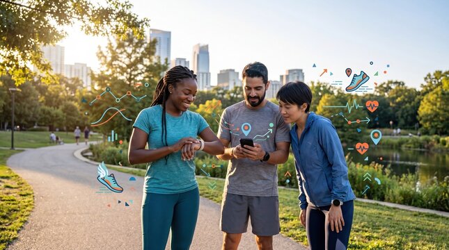 Diverse friends checking fitness app on smartwatch comparing health data in park technology
