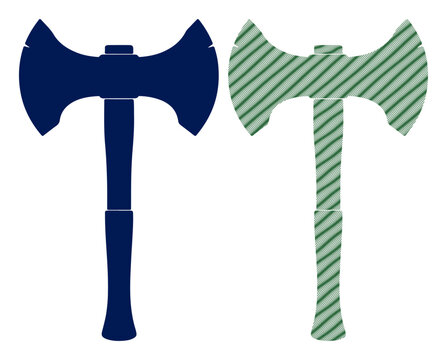 Medieval double-headed battle axe icons, navy blue and green striped fantasy weapon silhouettes, set of 2 labrys hatchet vector graphics for gaming logos and historical heraldry design.